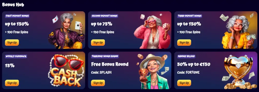Centro de Bonos Spin Granny con ofertas de bienvenida y bonos de recarga en múltiples niveles